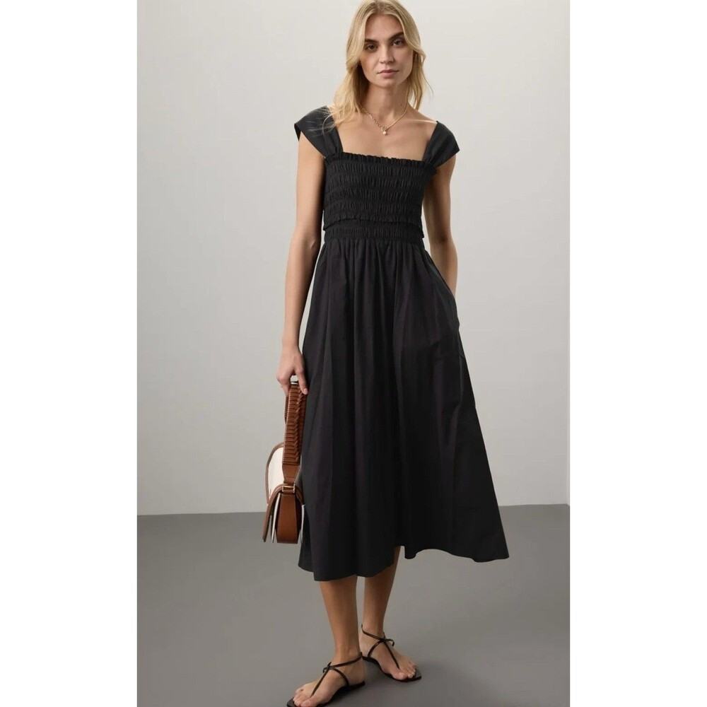 Club Monaco Black Cotton Smocked Midi Dress Size M